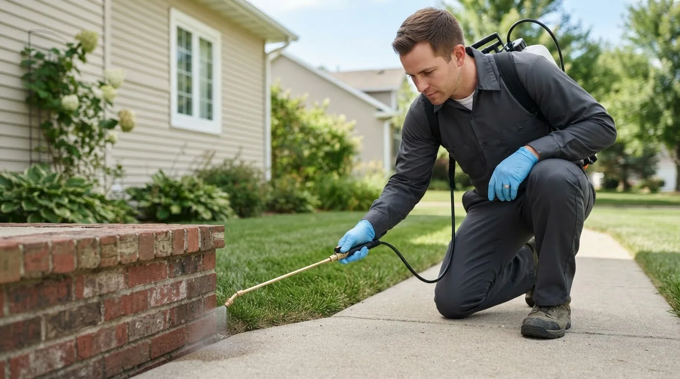 Pest control technician treating a home near Ottine, TX